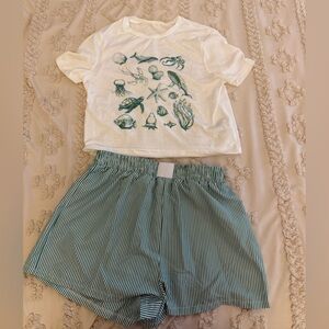 White Graphic Tee and Striped Shorts Set
